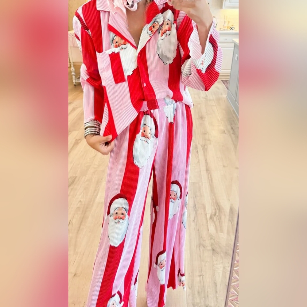 Santa Claus Print Women's Pajama Set - Red, Pink and White - Picture 2 of 4
